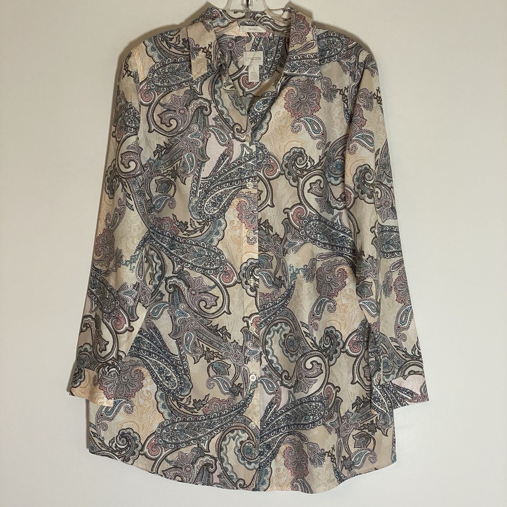 Chicos Top Womens 1 Medium Multicolored Paisley Pastel Button Up Boho Nice M